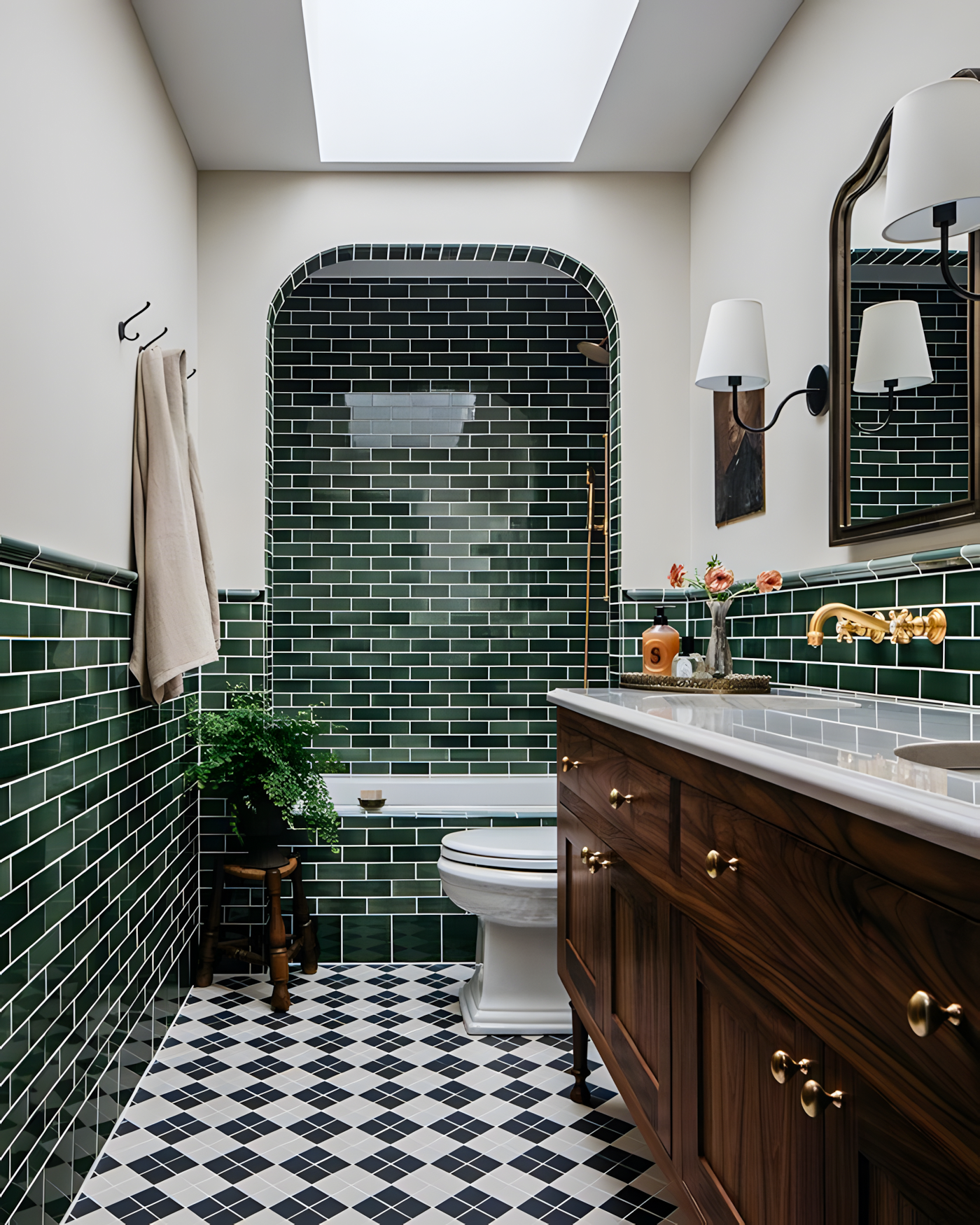 Traditional Bathroom with Green Subway Tiles and Black and White Floor Tiles | Material Depot