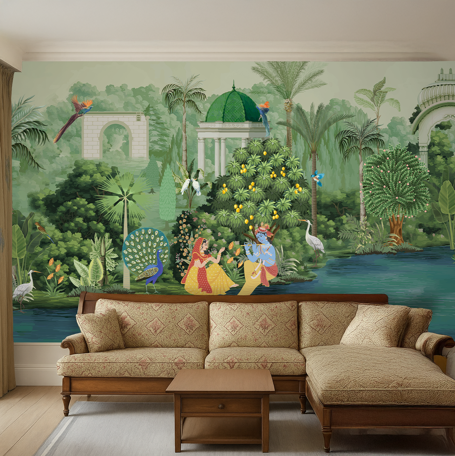 Traditional living room with Indian mural wallpaper and carved wood ...