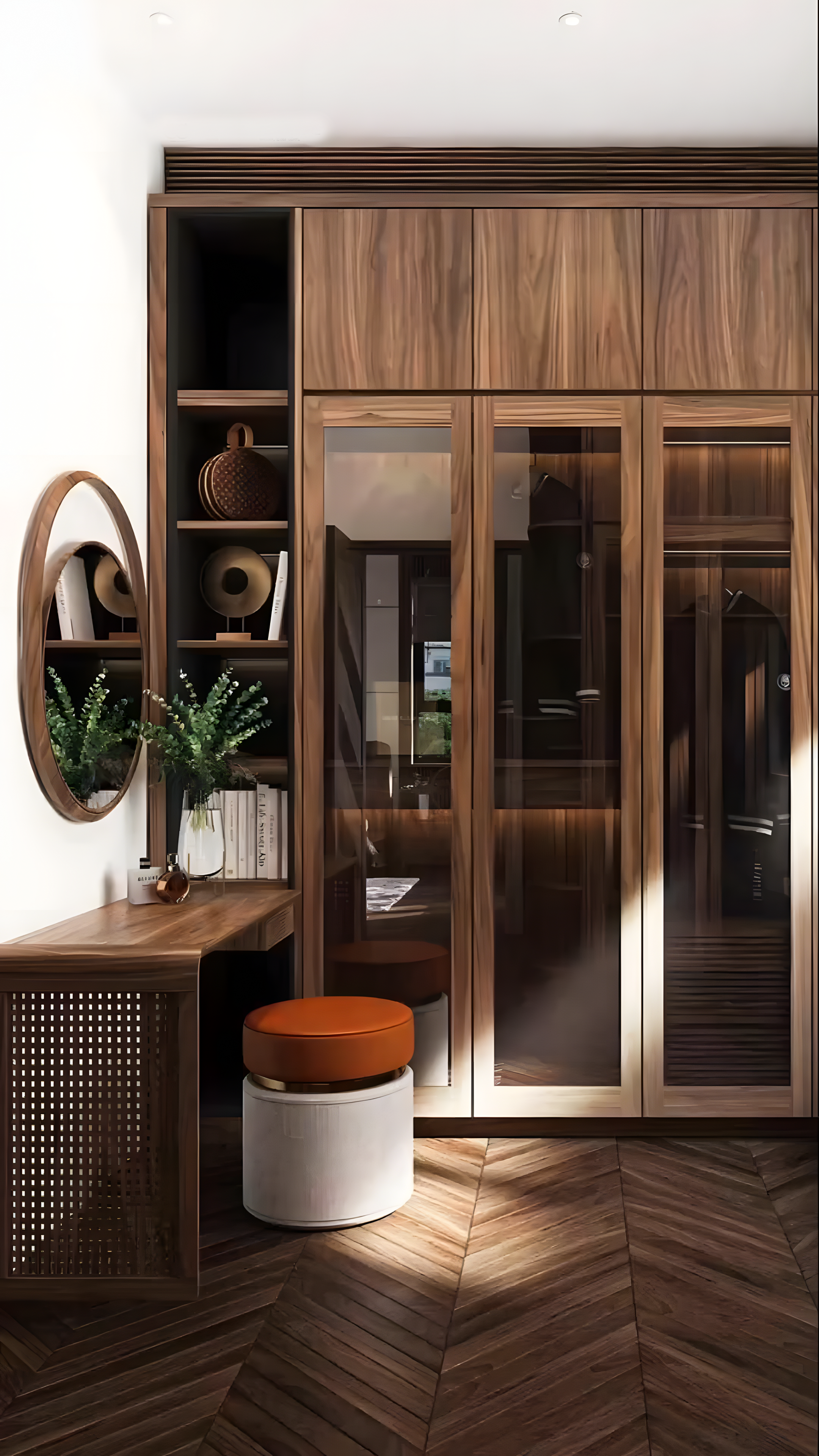 Traditional Look Wardrobe with Rattan Vanity and Glass-Door | Material Depot