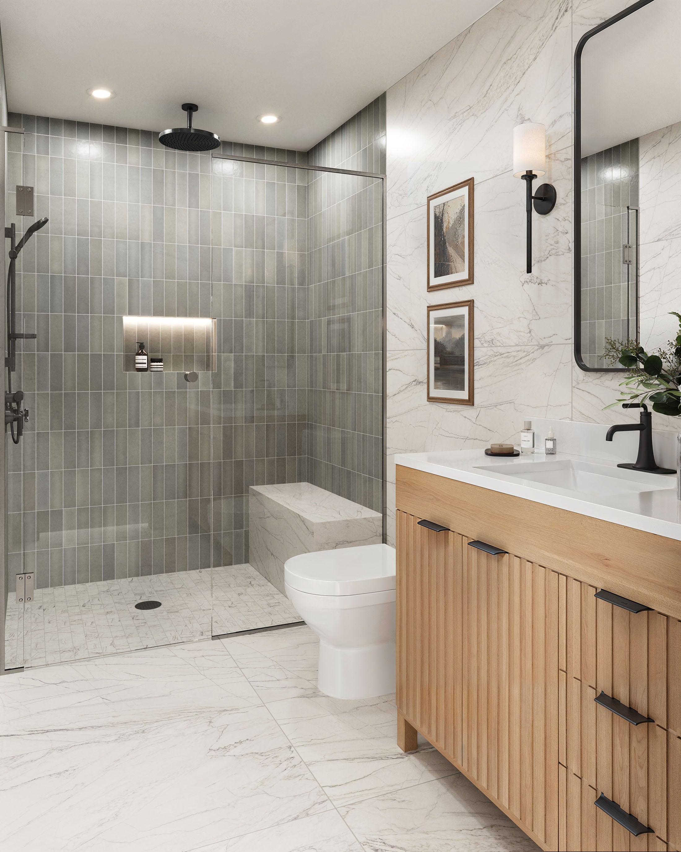 Tranquil Grey Tile Bathroom with Minimalist Decor and Warm Wood Vanity | Material Depot