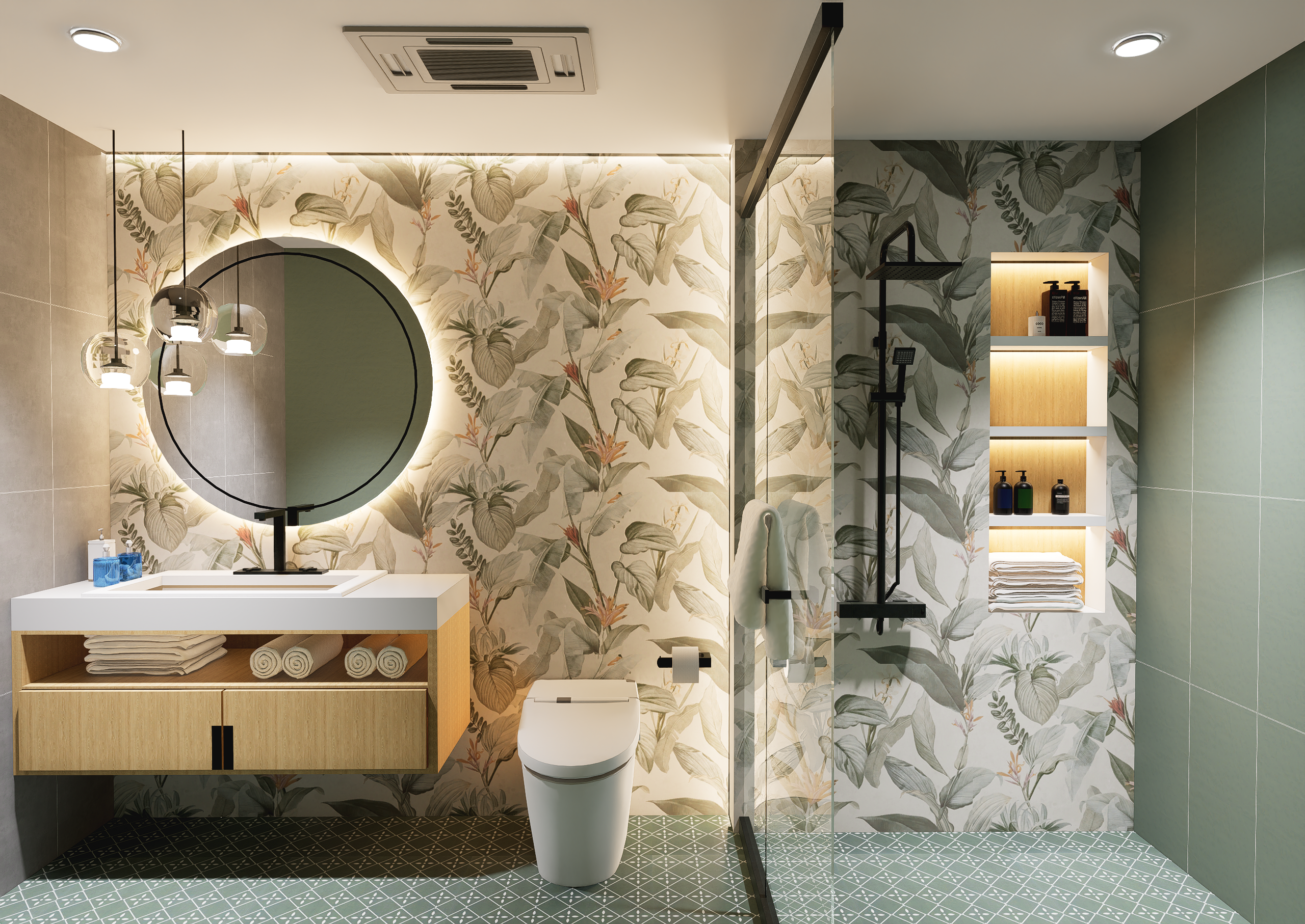 Tropical Botanical- Sage Green Themed Bathroom with Modern Vanity and Walk-In Shower | Material Depot