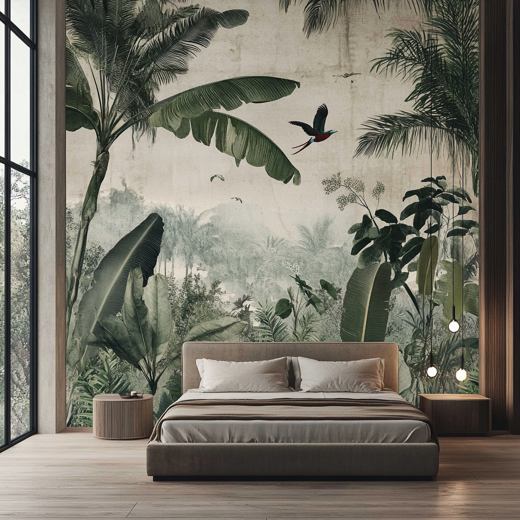 Tropical Jungle Mural with Earthy Bedroom Design | Material Depot