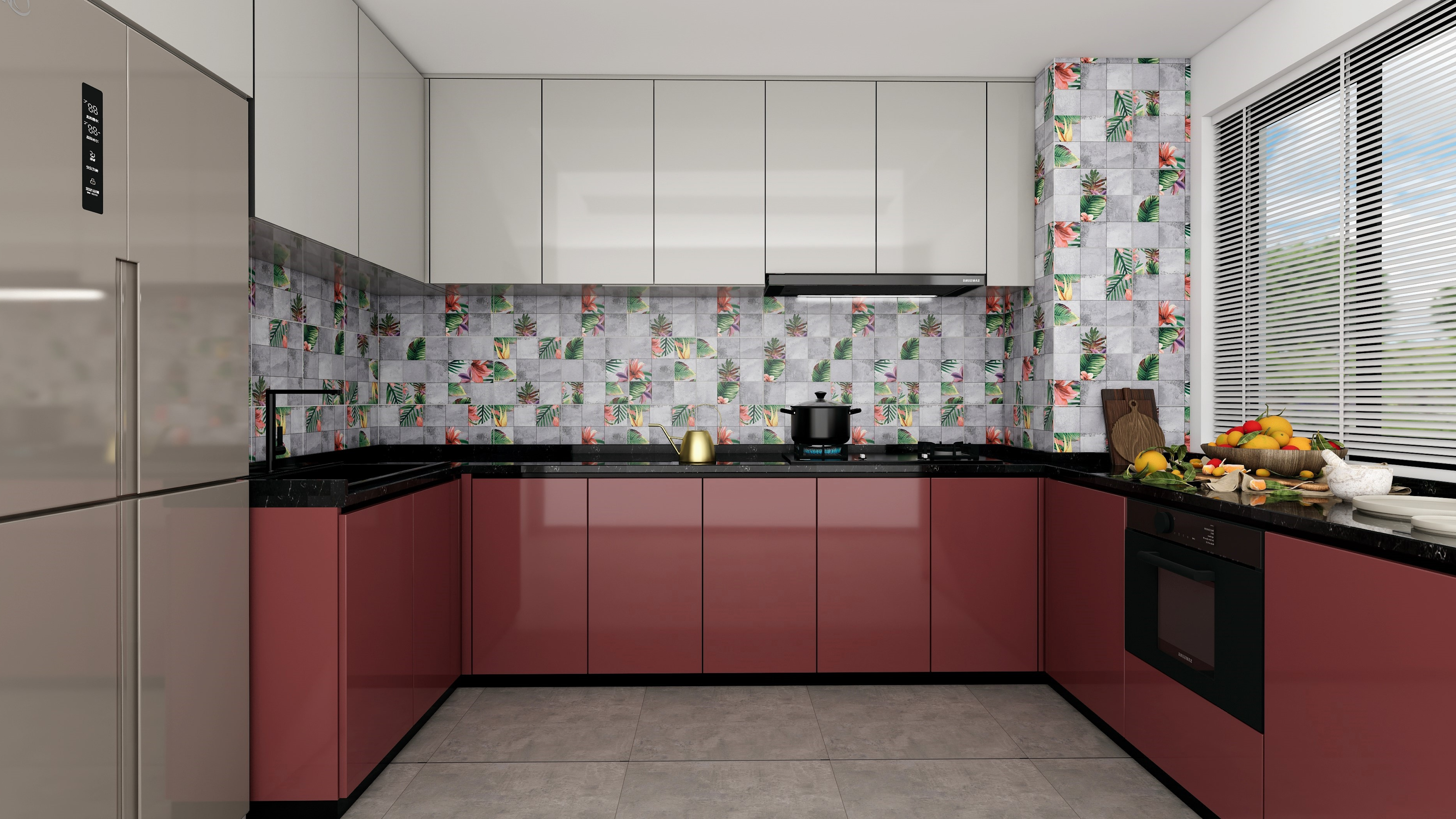 Tropical Kitchen with Maroon Cabinets and Floral Pattern Tiles | Material Depot