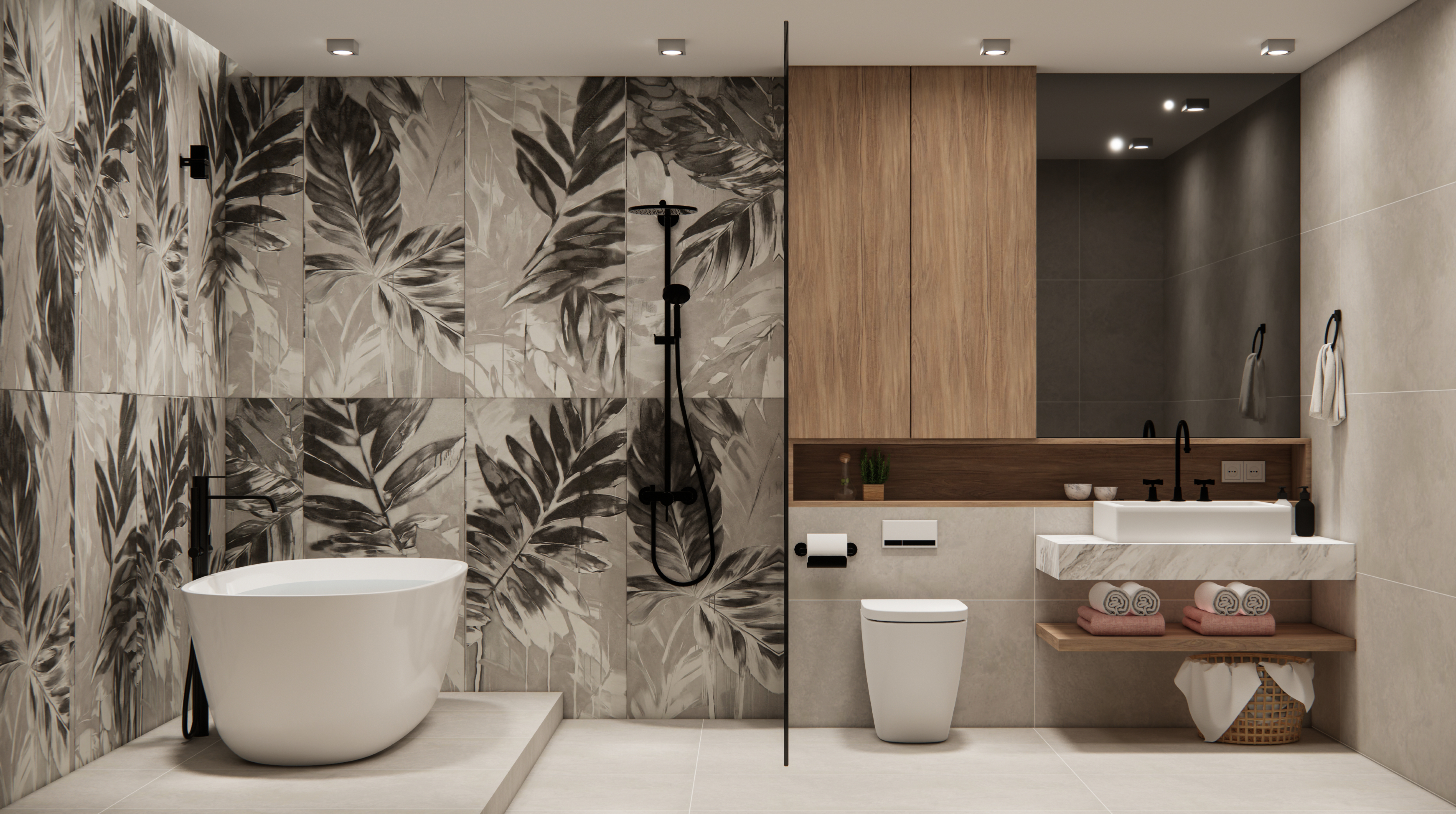 Tropical Oasis Bathroom with Monochrome Botanical Tiles | Material Depot