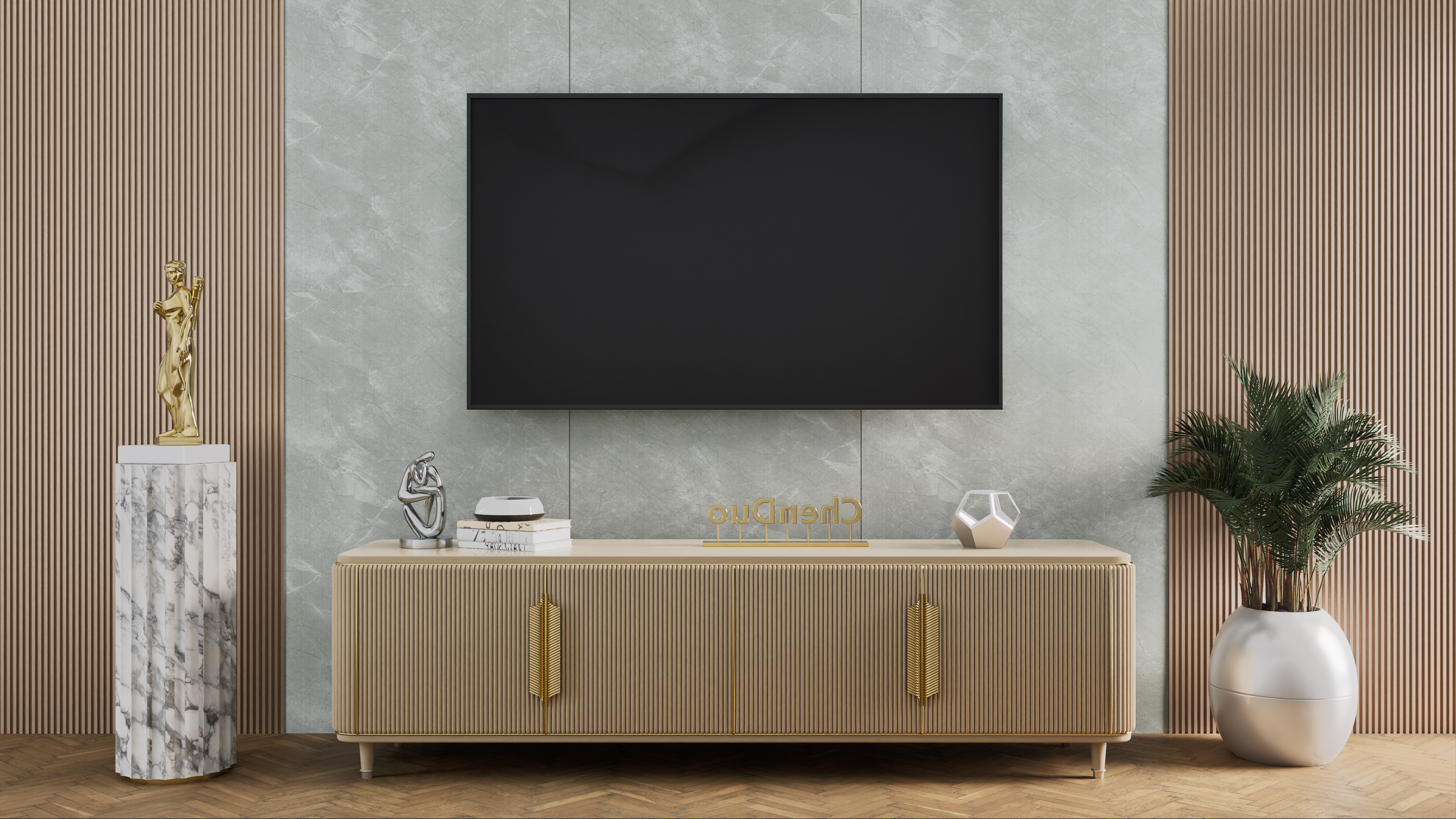 TV Unit with Fluted Design and Green Marble Wall Paneling | Material Depot