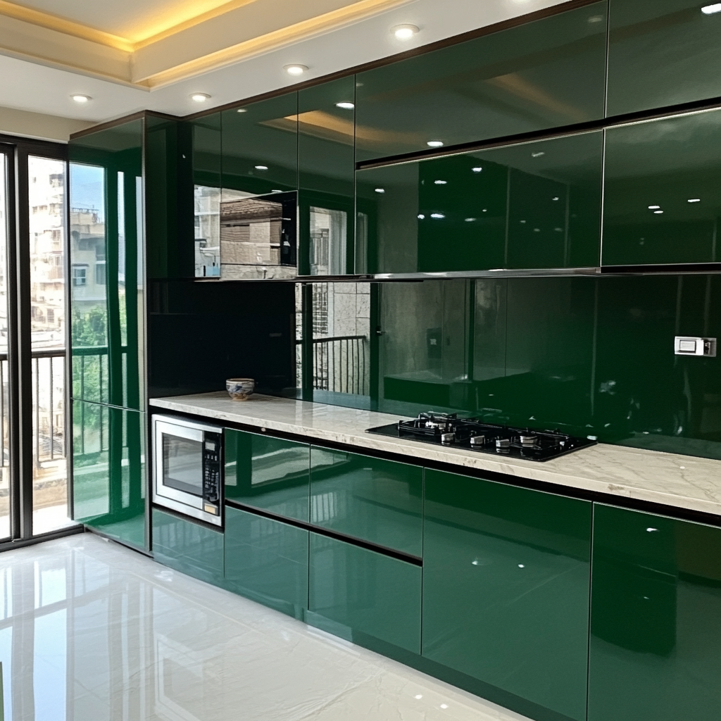 Urban Chic Kitchen Featuring Glossy Green Cabinets and Modern Aesthetics | Material Depot