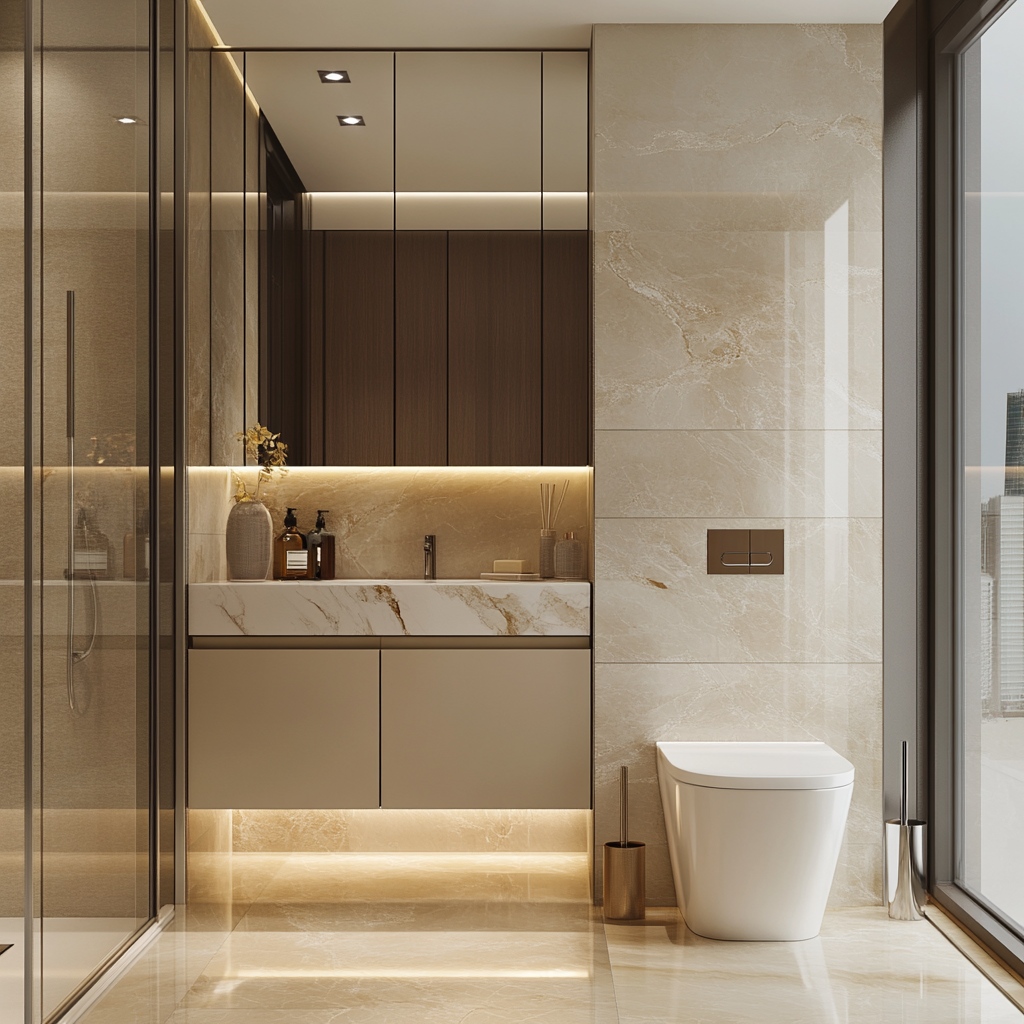 Urban Luxury: Sophisticated High-Rise Bathroom with Marble Details and City Views | Material Depot