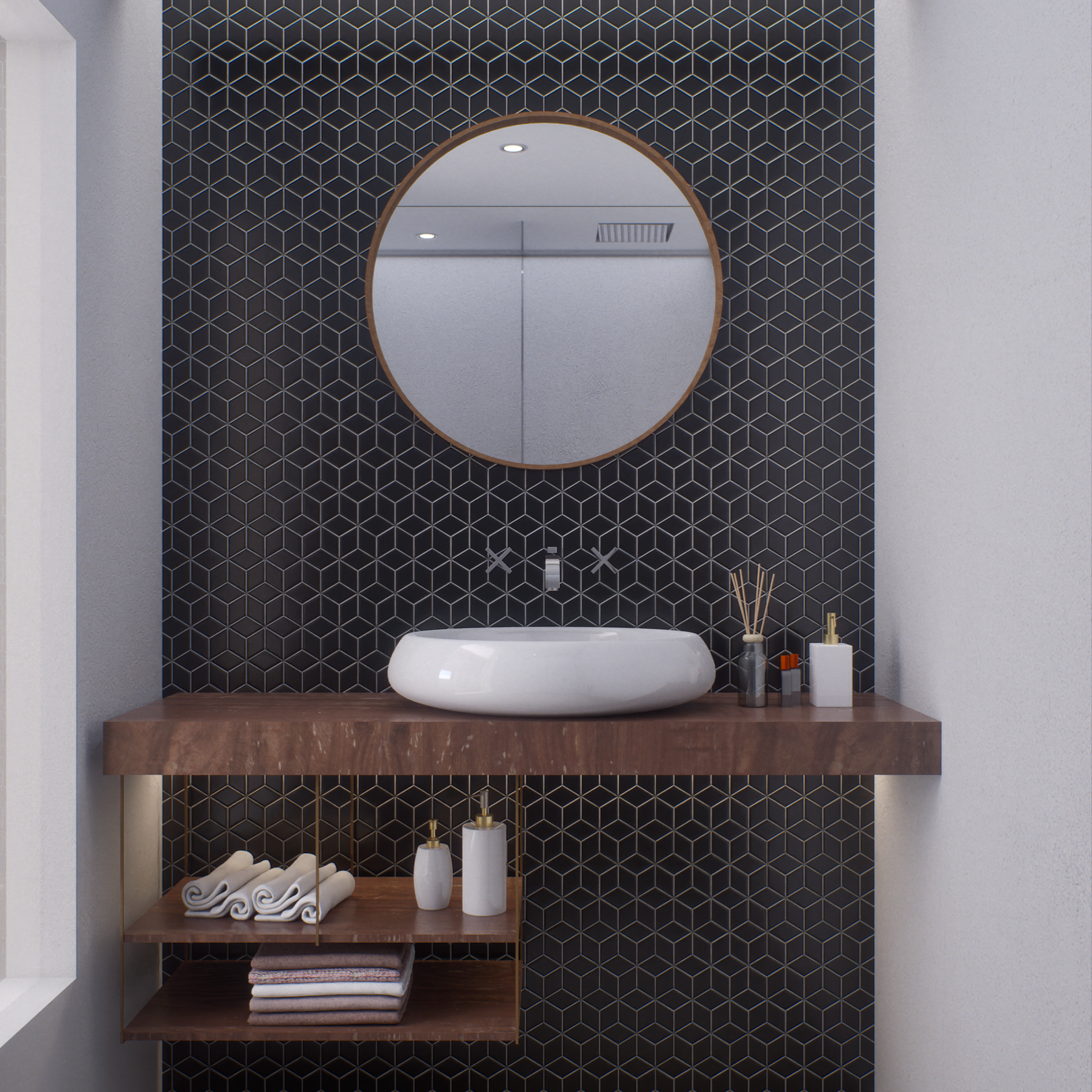 Vanity with Black Geometric Tile Accent Wall | Material Depot