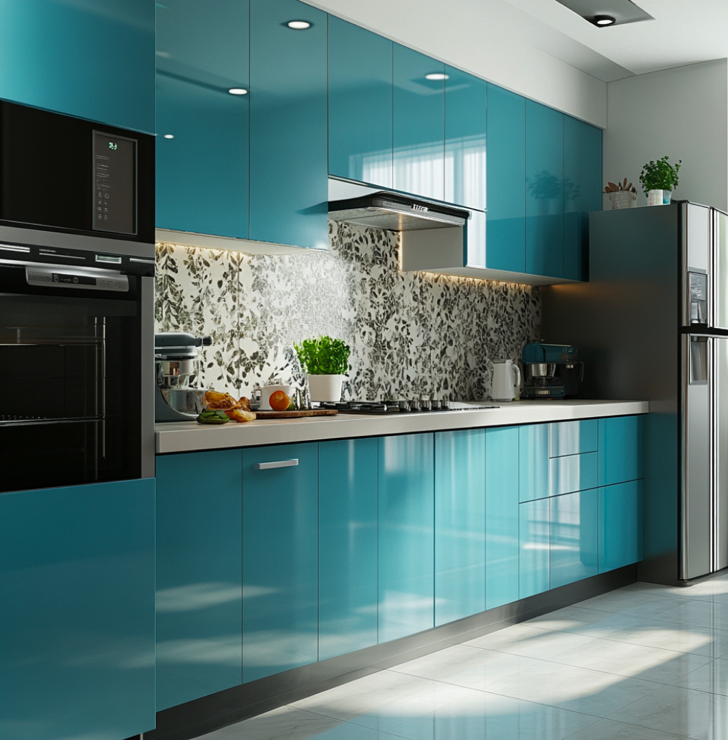 Vibrant Aqua Blue Glossy Solid Laminate Kitchen with Floral Backsplash | Material Depot