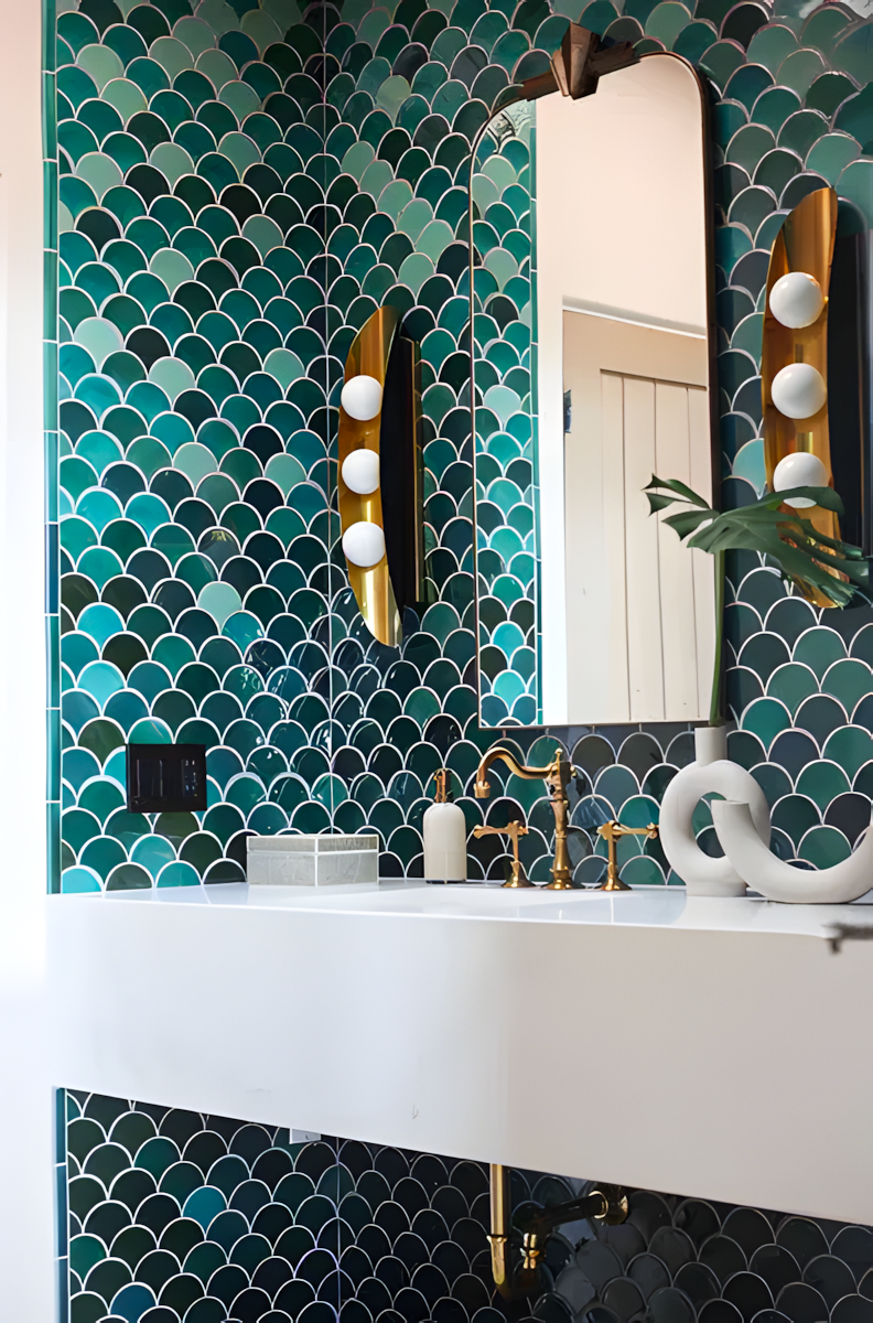 Vibrant Fish Scale Tiles in Shades of Blue and Green for a Unique Bathroom Aesthetic | Material Depot