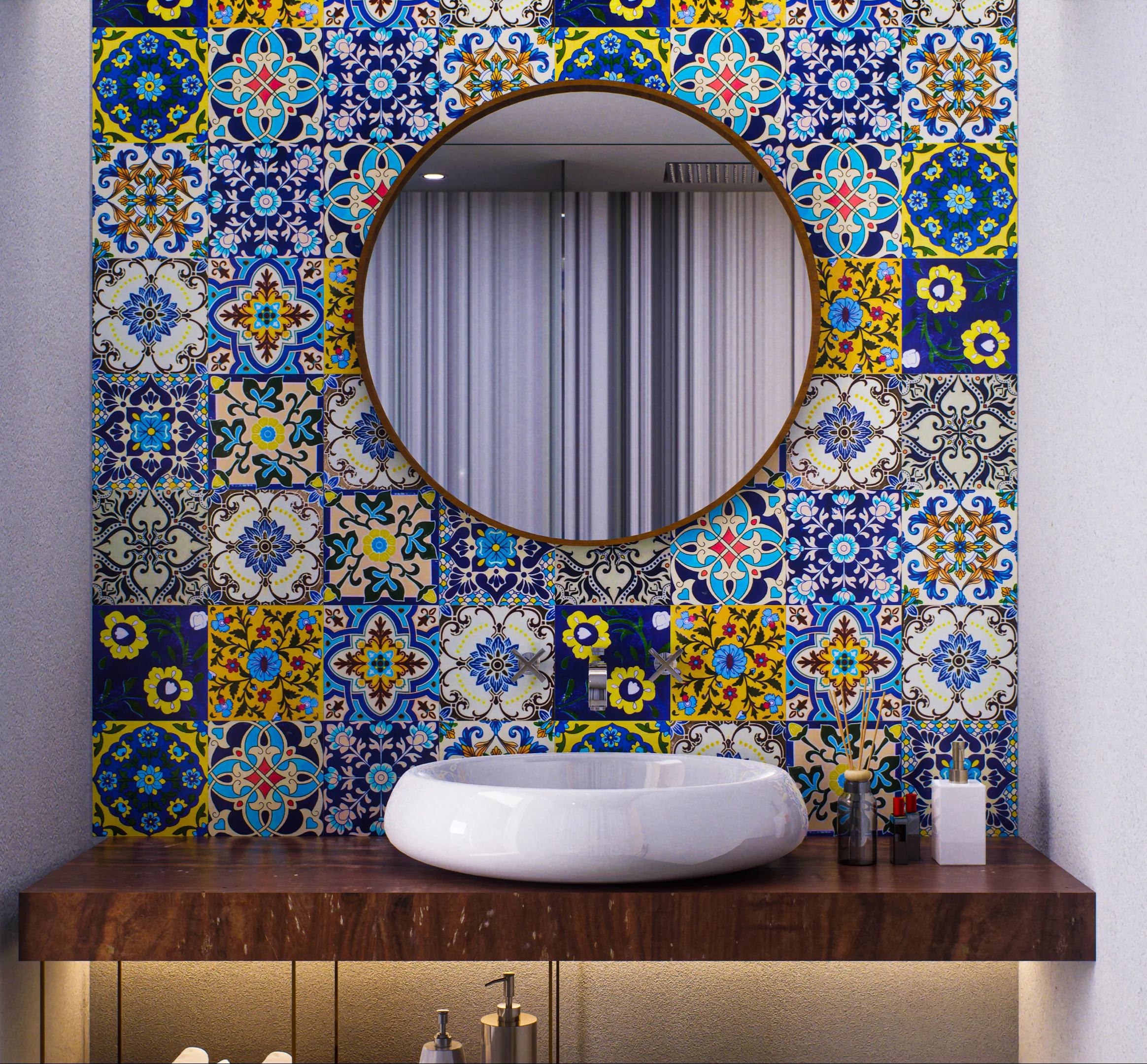 Vibrant Handcrafted Backsplash in Bathroom Accent Wall
| Material Depot