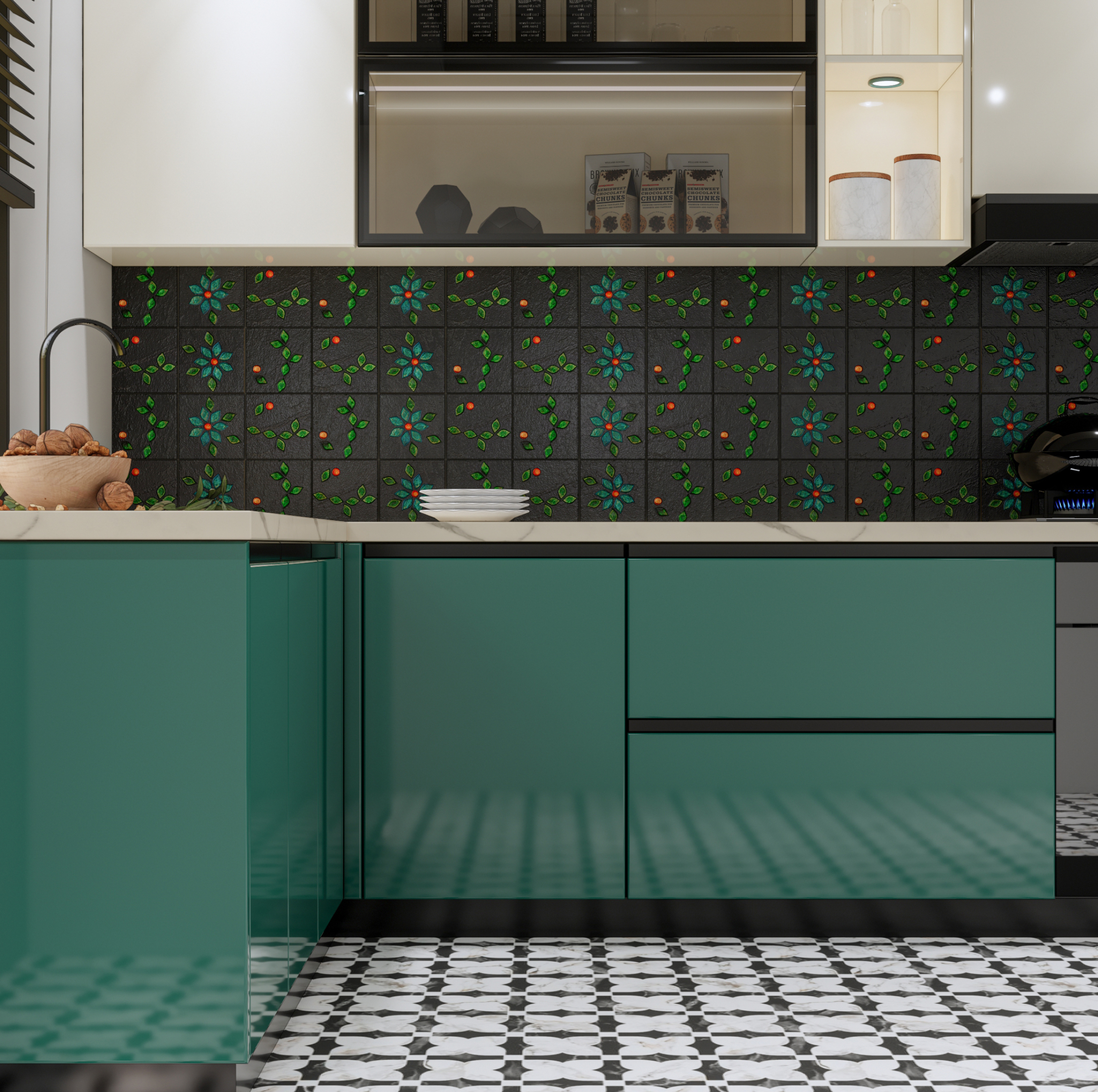 Vibrant Kitchen with Green Cabinets and Floral Patterned Backsplash | Material Depot