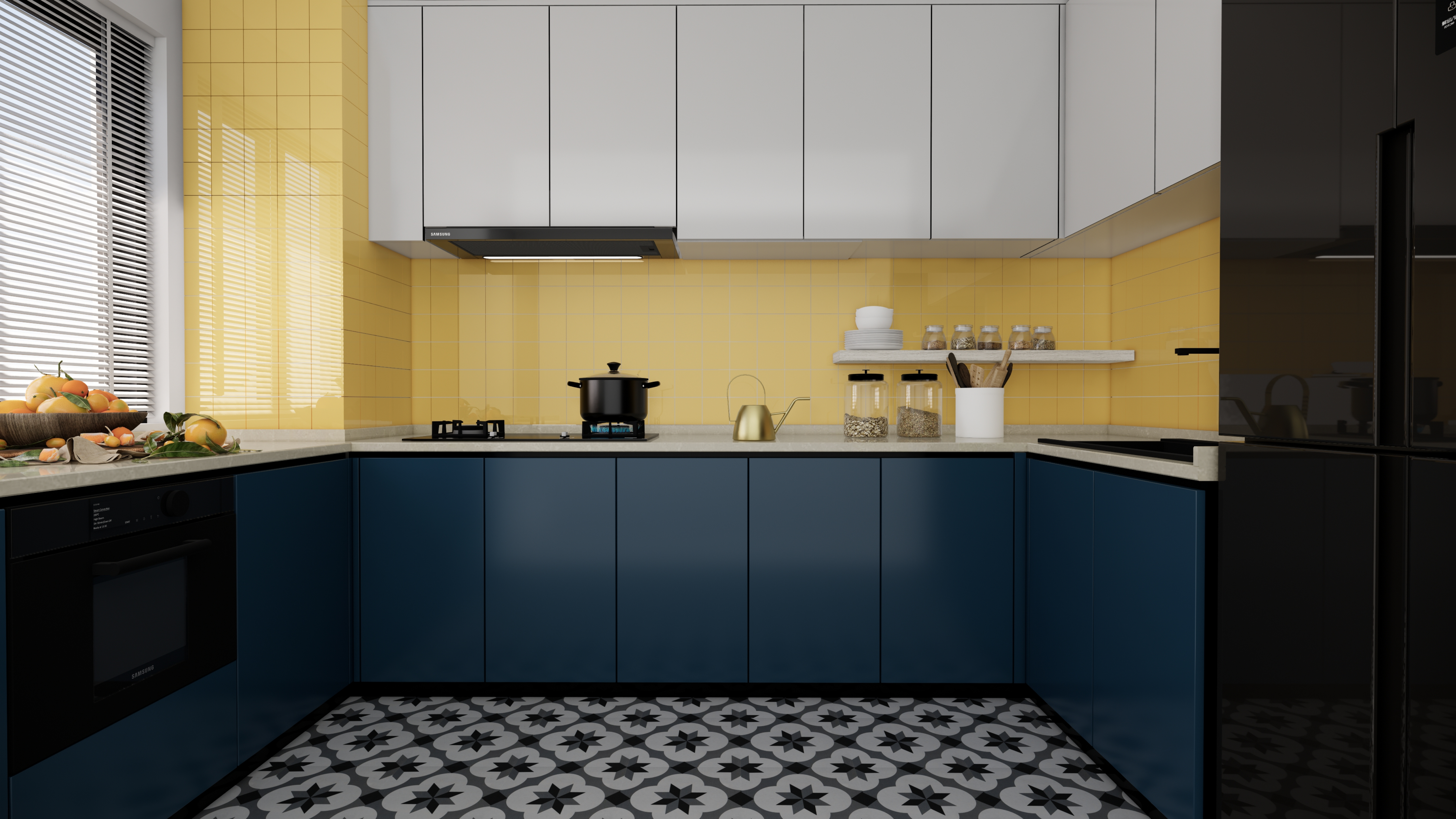 Vibrant Kitchen with Yellow Tiles and Blue Cabinets | Material Depot