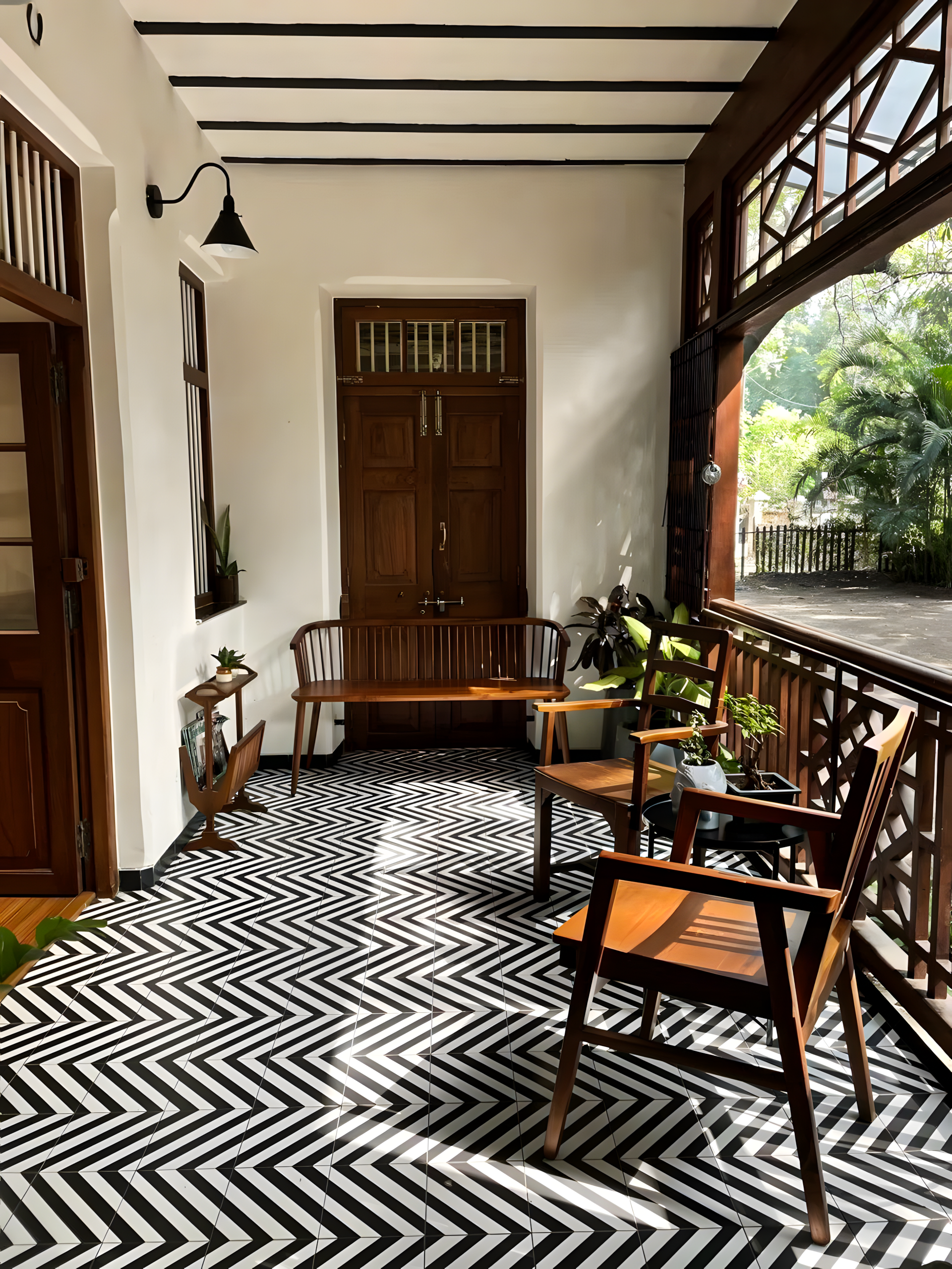 Vintage-Inspired Verandah with Black and White Herringbone Tiles | Material Depot