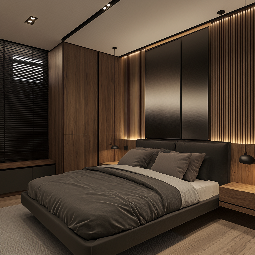 Sophisticated Bedroom with Wooden Panels and Modern Minimalist Design | Material Depot