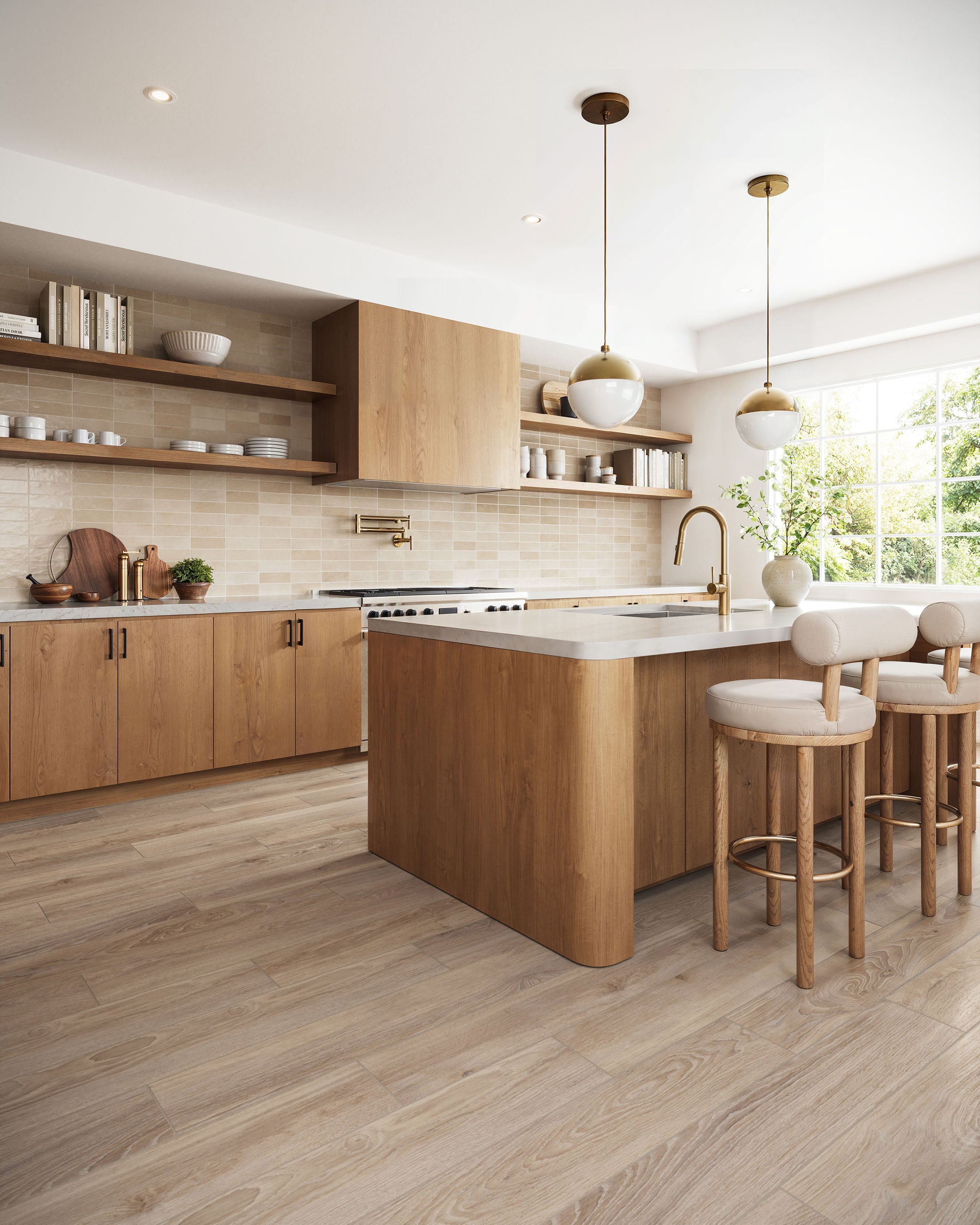 Warm and Inviting Modern Kitchen with Beige and Brown Tiled Backsplash and Wood Flooring | Material Depot