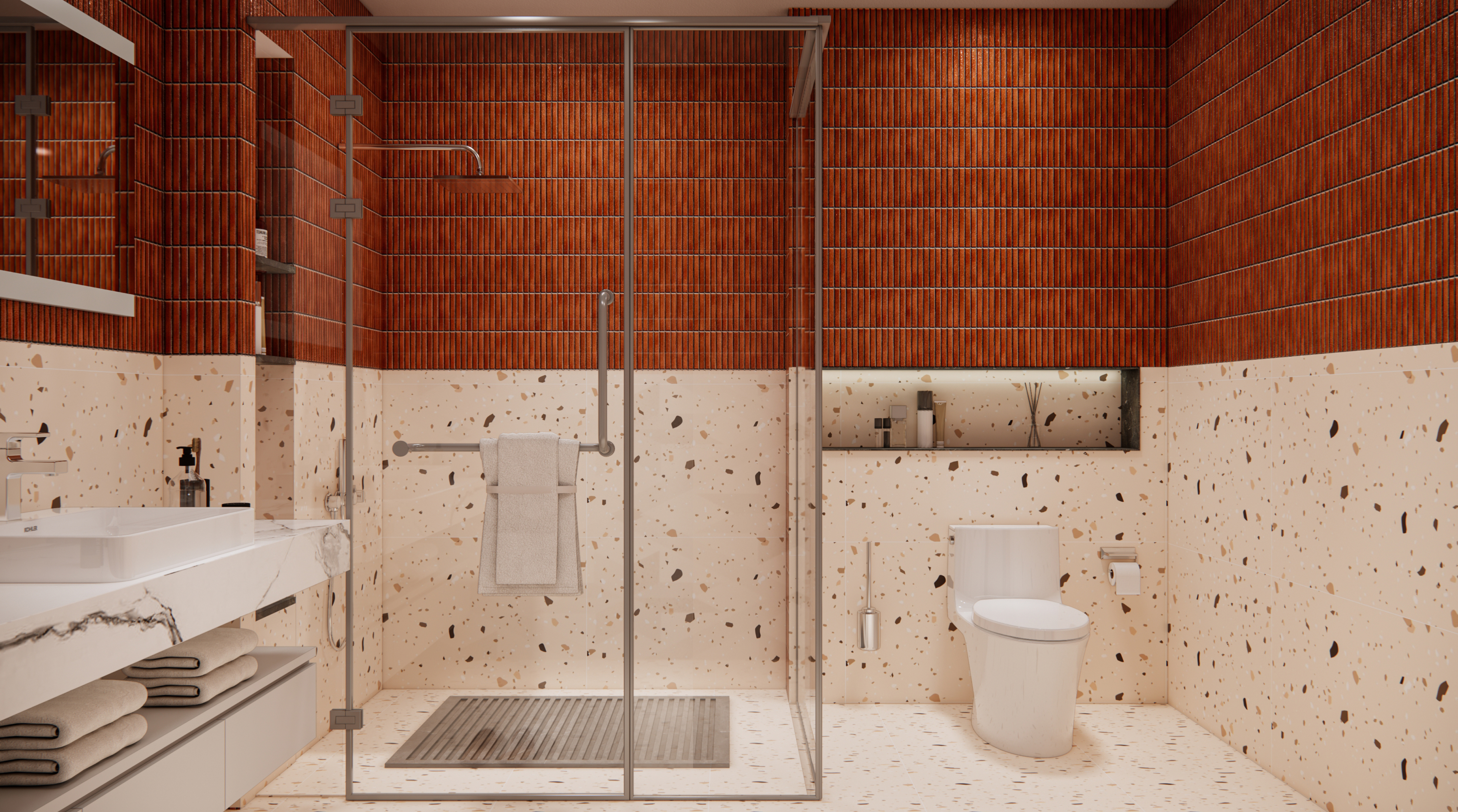 Warm Bathroom with Terracotta Tiles and Terrazzo Accents | Material Depot