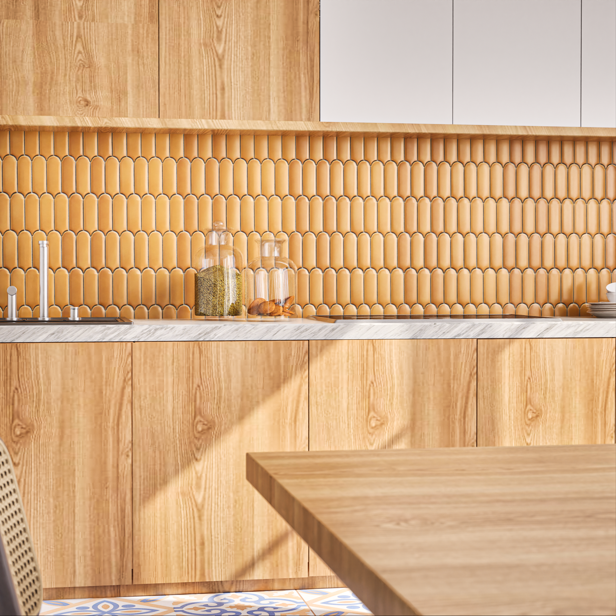 Warm Kitchen with Golden Scalloped Tile Backsplash and Wooden Accents | Material Depot