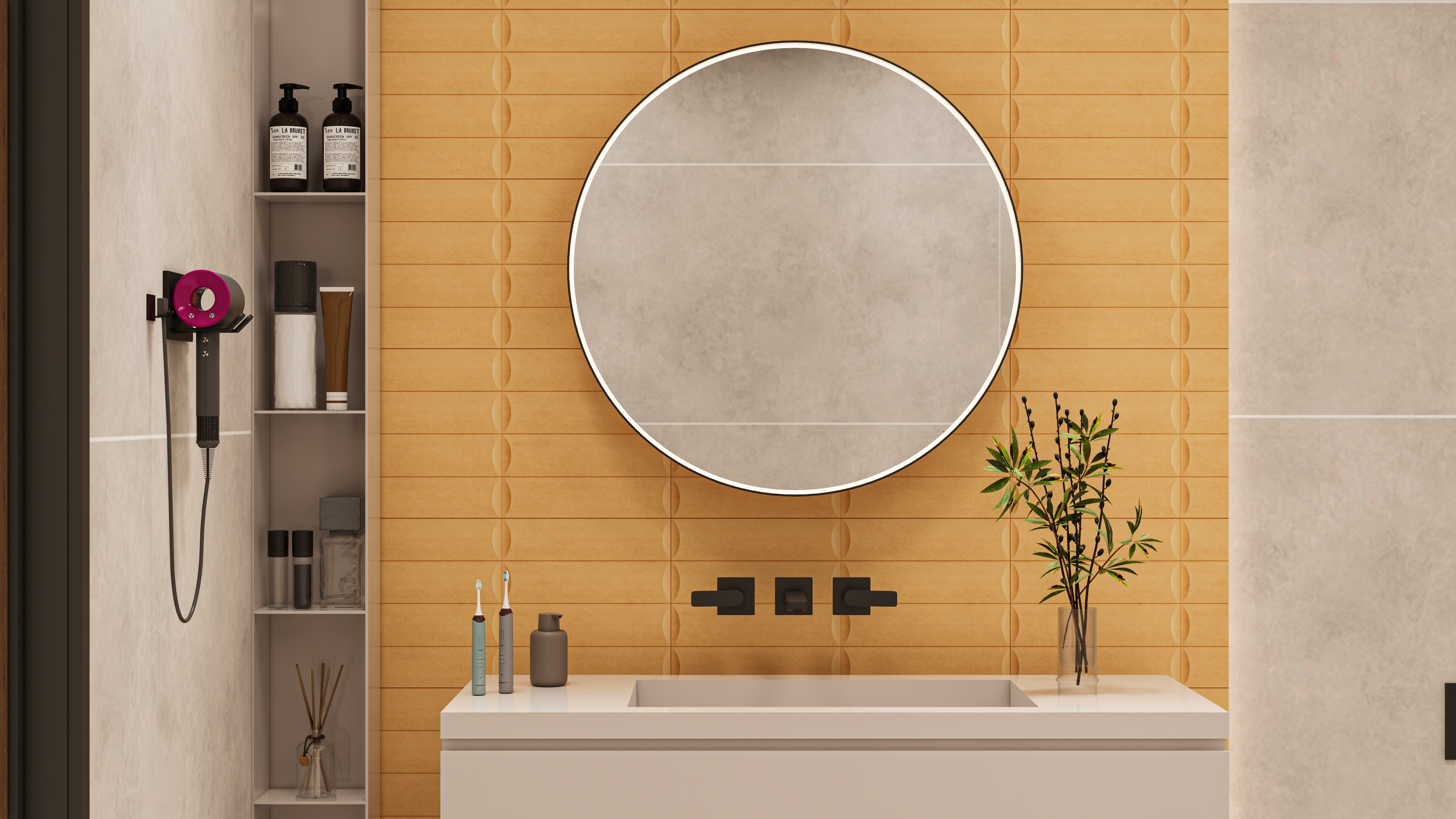 Warm-Toned Bathroom with Textured Ochre Wall Tiles | Material Depot