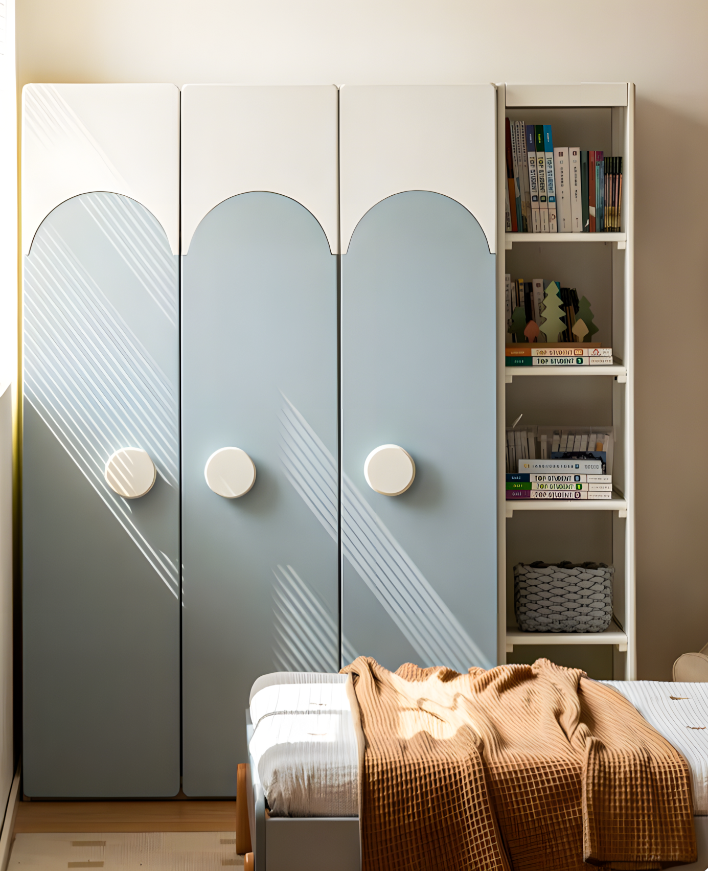 Whimsical Kids' Wardrobe with Arched Doors and Built-in Shelving | Material Depot