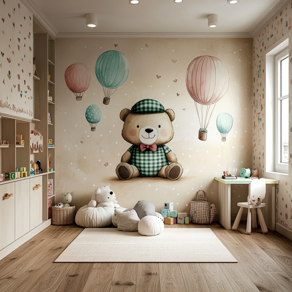 Whimsical Teddy Bear-Themed Kids' Room with Playful Hot Air Balloons | Material Depot