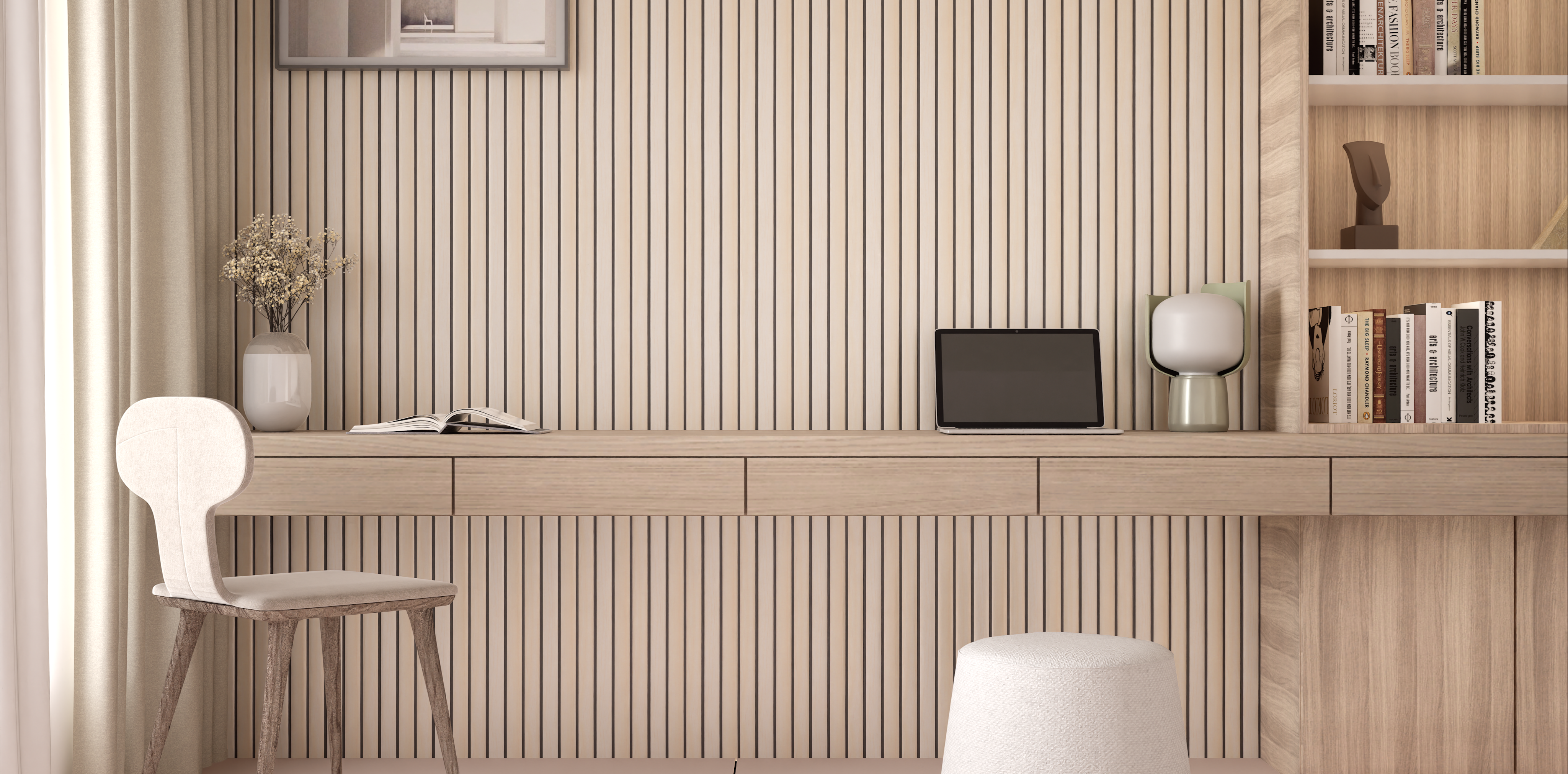 Workspace with Light Wood Fluted Paneling | Material Depot